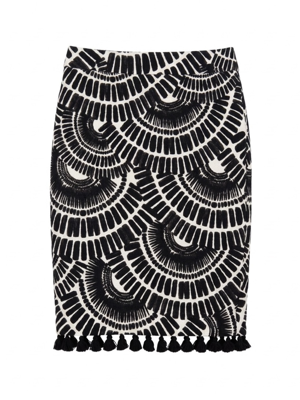 Trina Turk Black and White Graphic Tassel-Hem Pencil Skirt